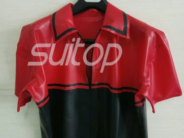Suitop high quality men's rubber latex short sleeve t-shirt with front zip in transparent red and black trim color