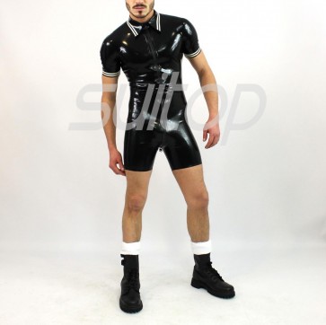 Men's rubber latex short sleevs leotard bodysuit in black and white tirm zip from front to ass