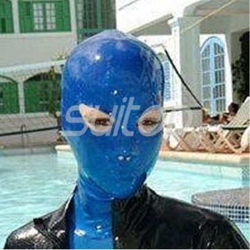 Suitop full head rubber latex hood masks with open eyes in blue color for adults 