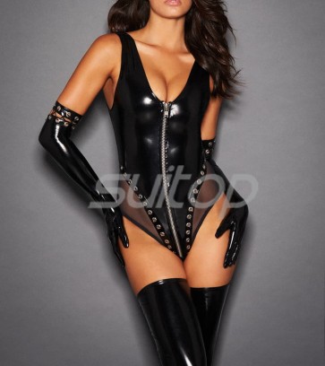 Women's sexy latex swimwear(without net trims) attached front zip and including long finger gloves CATSUITOP 