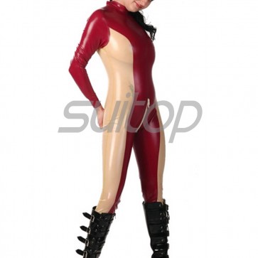 Suitop high quality women's rubber latex long sleeve catsuit with belt in transparent black color