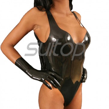 Suitop new arrival women's rubber latex body & leotard with finger gloves in black color