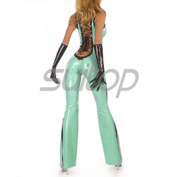 Suitop fashional rubber latex catsuit attached back lace up and with long gloves main in metallic green with black trim color