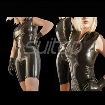 Suitop casual women's rubber latex whole set including vest tops,shorts and gloves in black color