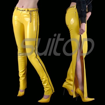 Suitop super quality women's rubber pants latex trousers and side with black zip in yellow color