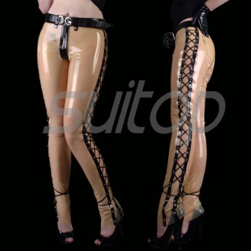 Suitop fashion women's rubber tight pants latex trousers and side with lace up in transparent color