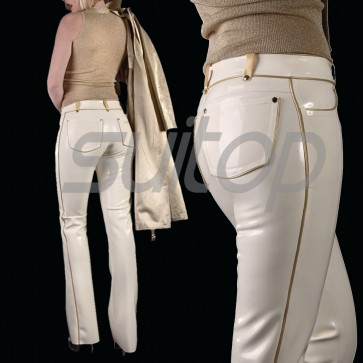 Suitop fashion women's rubber tight pants latex trousers in white with gold trim color