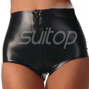 Suitop sexy women's rubber latex briefs with front zipper in black color