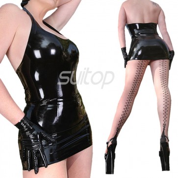 Sexy & special rubber latex halter mini dress with gloves in black color for lady