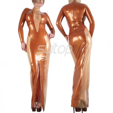 High neck rubber latex long sleeve tight dress in metallic brown color for lady