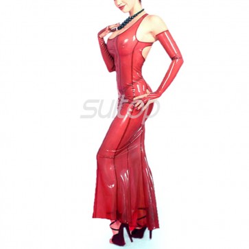 Sexy party halter long dress with gloves in transparent red color for women
