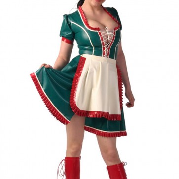 Suitop new arrival women's rubber latex maid uniform dress with apron main in dark green with red trim color
