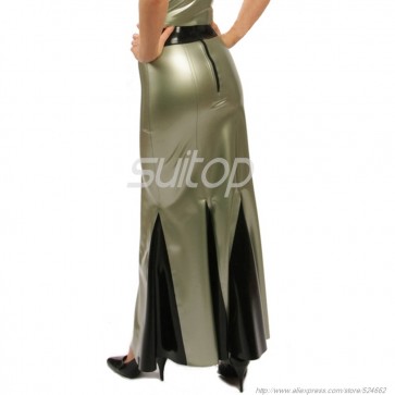 Casual rubber latex long skirt with back zip in metallic gray color for women