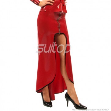 Casual rubber latex long skirt with back zip in red color for women