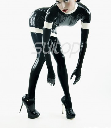 Fantastic women rubber latex tight dress includes long gloves and stockings in black color 