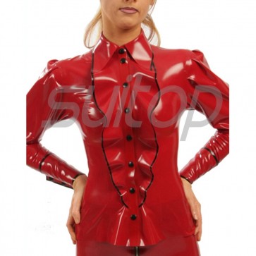 Suitop casual women's rubber latex long sleeve tight blouses in red with black trim color