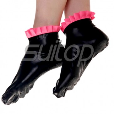 Suitop rubber latex socks with red flower trim main in black color for women