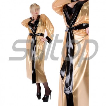 Suitop super quality women's rubber latex long sleeve coat in metallic gold with black trim color