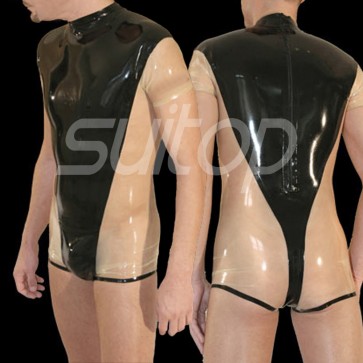 Suitop men's male's rubber latex short sleeve catsuit main in black with transparent trim color