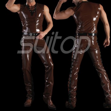 Suitop casual men's male's rubber latex vest with front lace up and pants in brown color