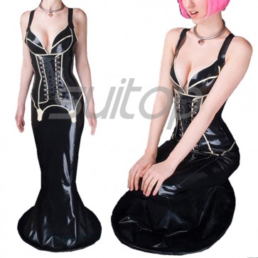 Suitop sexy women's female's rubber latex open bust long dress with straps in black color