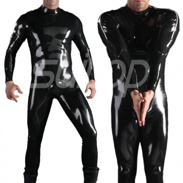 Suitop super quality men's male's rubber latex catsuit with shoulder zippers in black color