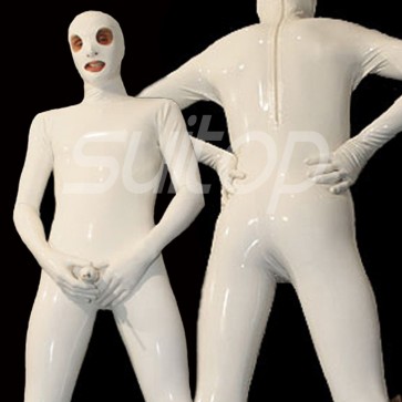 Suitop  men's male's rubber latex full cover catsuit with penies condoms and attached back zip to waist in white color super quality