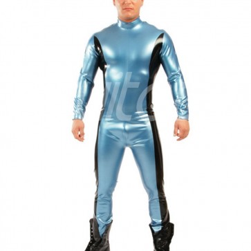 Suitop high quality men's male's rubber latex catsuit in metallic blue and black trim color