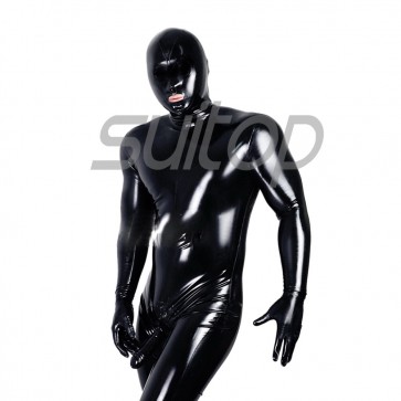 Suitop men's male's rubber latex full cover body zentai catsuit with open mouth only and penies condoms in black color