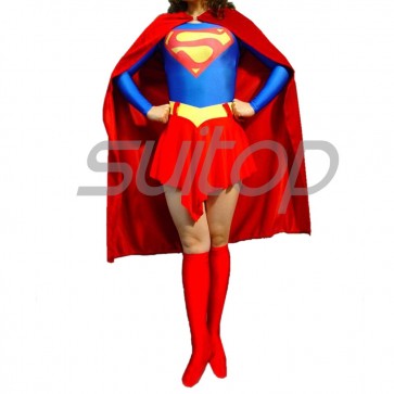 Suitop new arrival women's female's rubber latex supergirl uniform (tops+cape+shorts)for adults cosplay