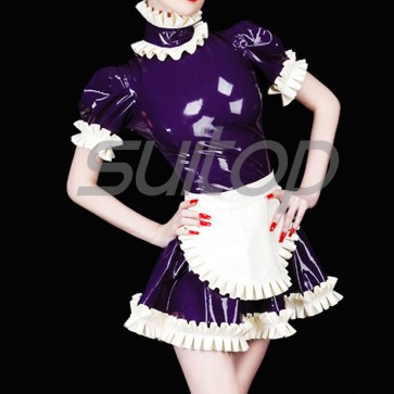 Suitop super quality women's rubber latex tight maid uniform dress in dark purple with white flower trim color