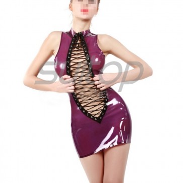 Suitop sexy women's female's rubber latex sleeveless tight dress with front lace up in purple and black trim color