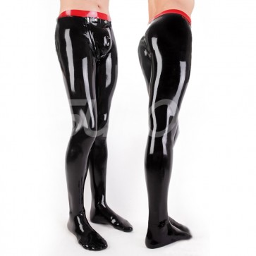 Suitop special men's male's rubber latex tight pants attached feet with front zip in black with red trim color