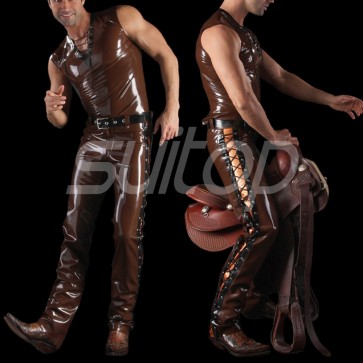 Suitop super quality men's male's rubber latex whole set including vest with lace up and trousers in brown color