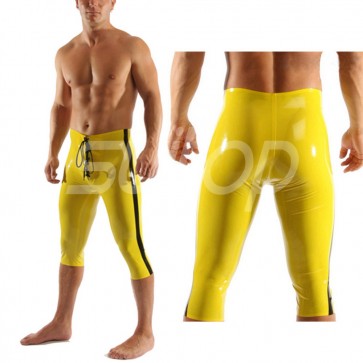 Suitop high quality men's male's rubber cropped trousers latex pants in transparent yellow with black trim color