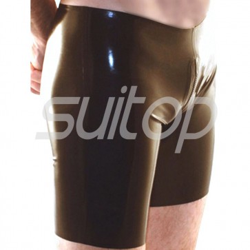 Men's exotic sexy rubber latex boxer short in black with full crotch zip 2 zips