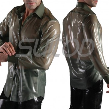 Suitop new arrival men's rubber latex casual long sleeve shirt with front buttons in transparent gray color