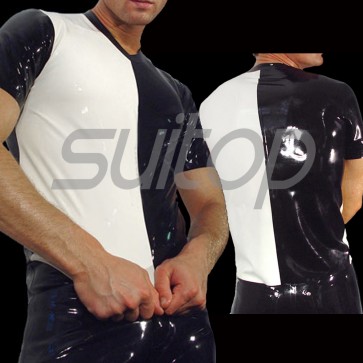 Suitop high quality men's rubber latex short sleeve tight t-shirt with V-neck in white and black trim color
