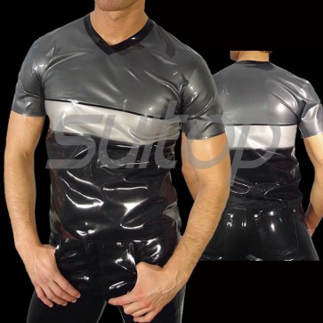 Suitop men's rubber latex short sleeve tight t-shirt with V-neck in gray and black trim color