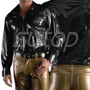 Suitop good quality men's rubber latex casual long sleeve shirt with front buttons in black color