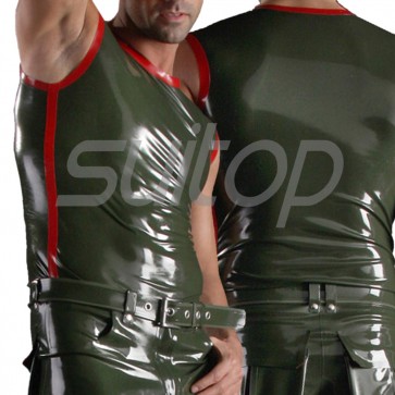 Suitop casual men's rubber latex tight vest with round neck in army green with red trim color
