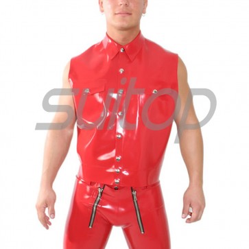 Suitop casual men's rubber latex sleeveless t-shirt with front buttons in red color