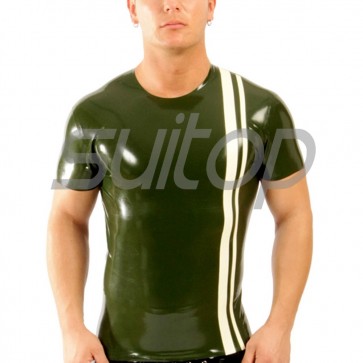 Suitop fashion men's rubber latex short sleeve tight t-shirt with round neck in army green color