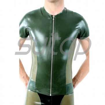 Suitop casual men's rubber latex short sleeve tight t-shirt with front zip main in green color