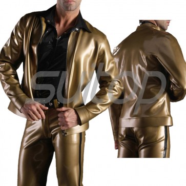 Suitop high quality men's rubber latex casual coat with trousers in metallic gold color