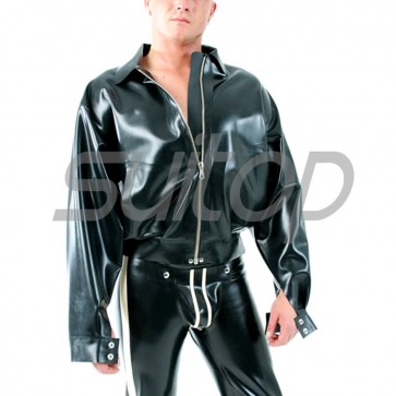 Suitop high quality men's rubber latex casual coat with front zip in black color