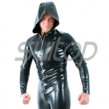 Suitop high quality men's rubber latex modest coat with cap in black color