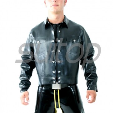 Suitop high quality men's rubber latex casual coat with front buttons in black color