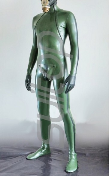 men's latex catsuit with cortch zip in army green and black trim (Mini order 10 pcs)