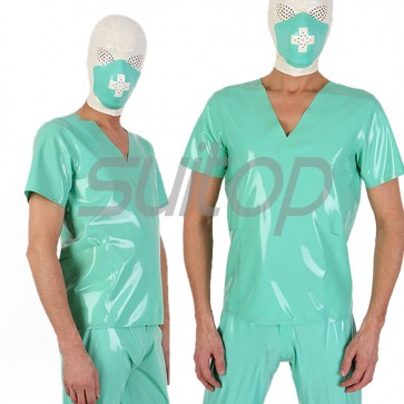 Suitop men's male's rubber latex doctor uniform including tops+pants+hoods in sky blue color for cosplay